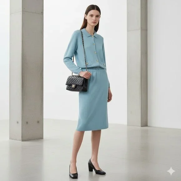 Vintage Mita Blue Knit Button Front Longsleeve Cardigan Top & Skirt Set Size 12P - Picture 8 of 14